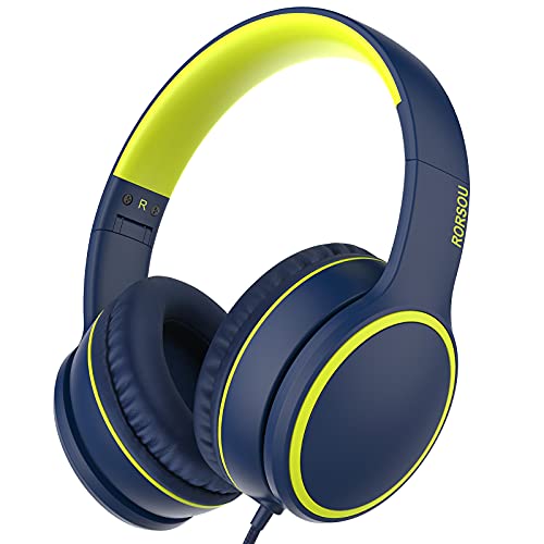 RORSOU R10 Over-Ear Headphones with Microphone, Lightweight Folding Stereo Bass Headset with 1.5M No-Tangle Cord, Portable Wired Headphones for Smartphone Tablet Computer MP3 / 4 (Blue)