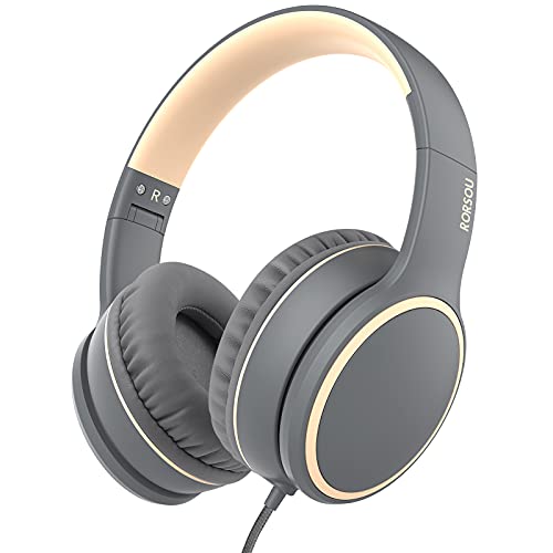 RORSOU R10 Over-Ear Headphones with Microphone, Lightweight Folding Stereo Bass Headset with 1.5M No-Tangle Cord, Portable Wired Headphones for Smartphone Tablet Computer MP3 / 4 (Grey)